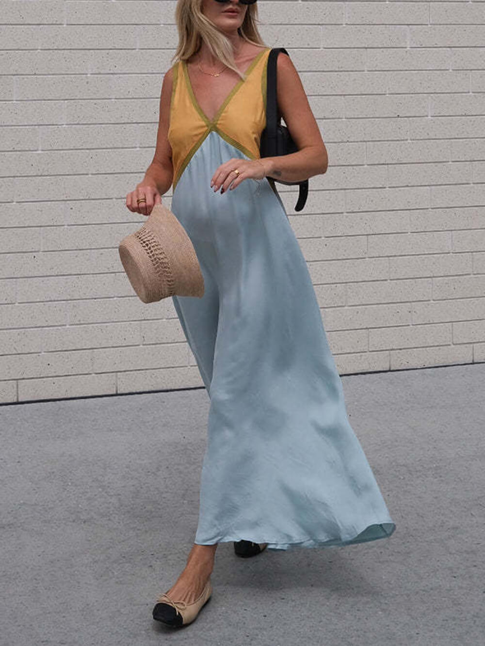 V-neck Contrasting Color Splicing Chic Dress Dresses