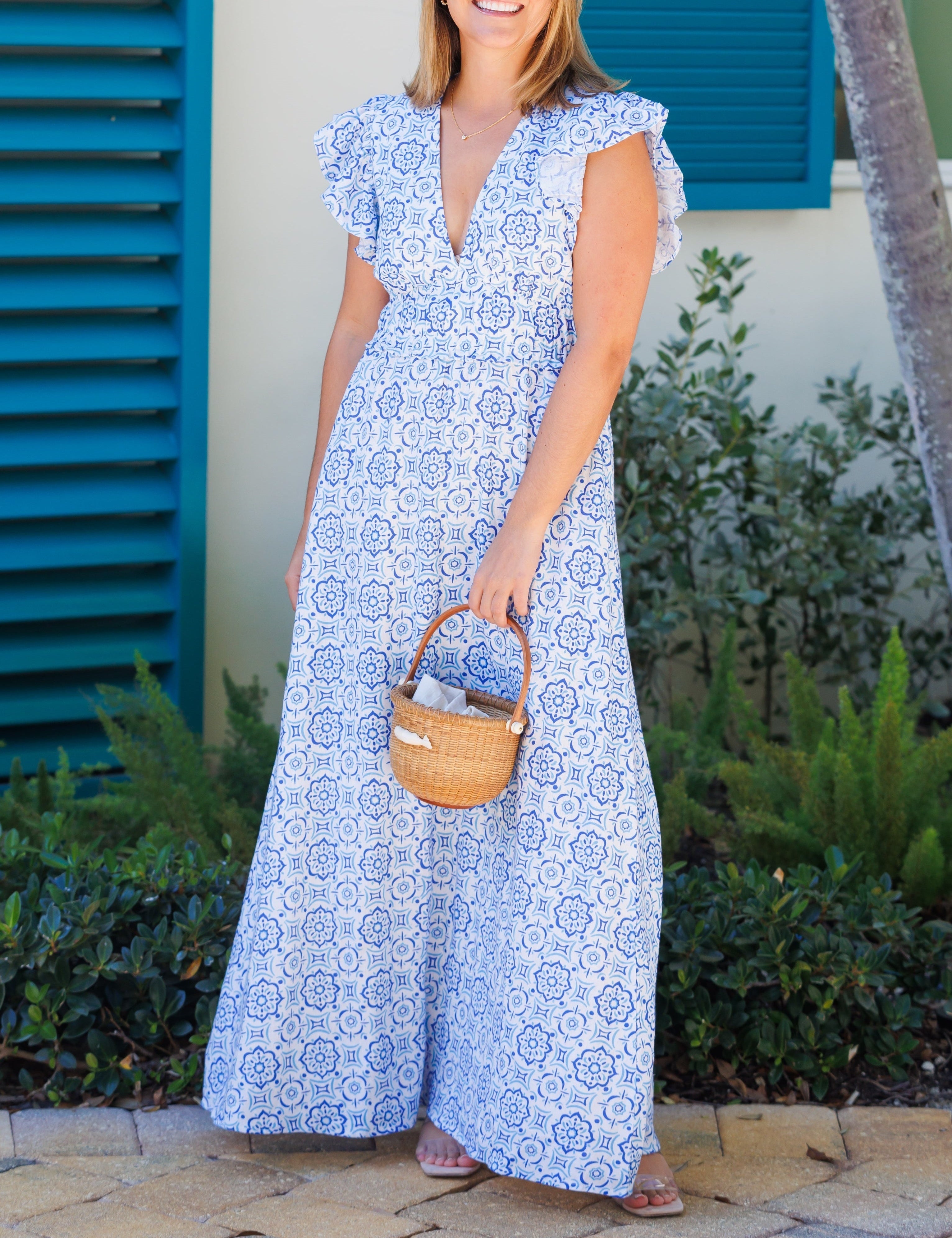 Blue Medallion V Neck Flutter Maxi Dress Blue Dresses