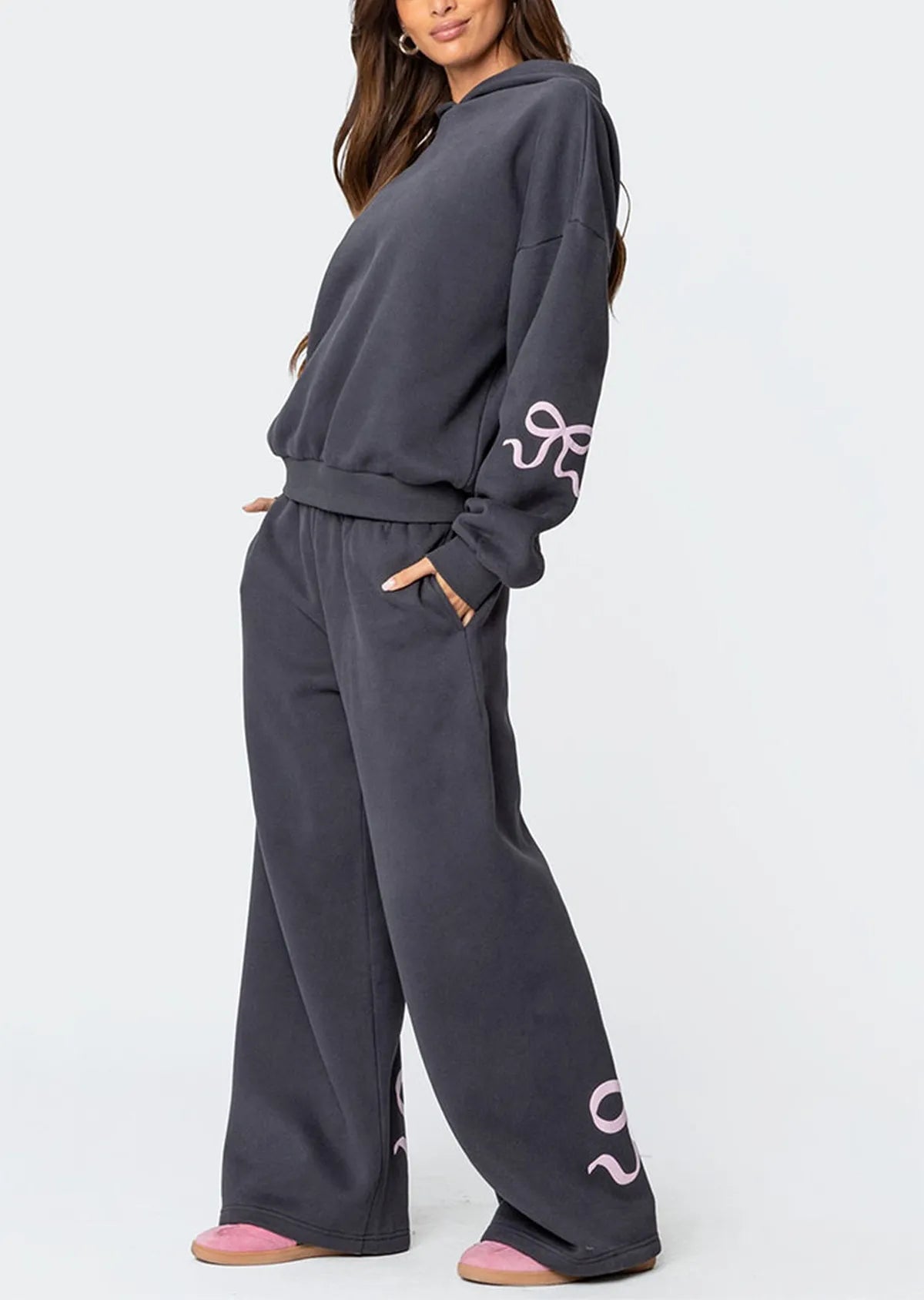 Women’s 2-Piece Bow Print Hoodie & Wide Leg Pants Set Two piece set