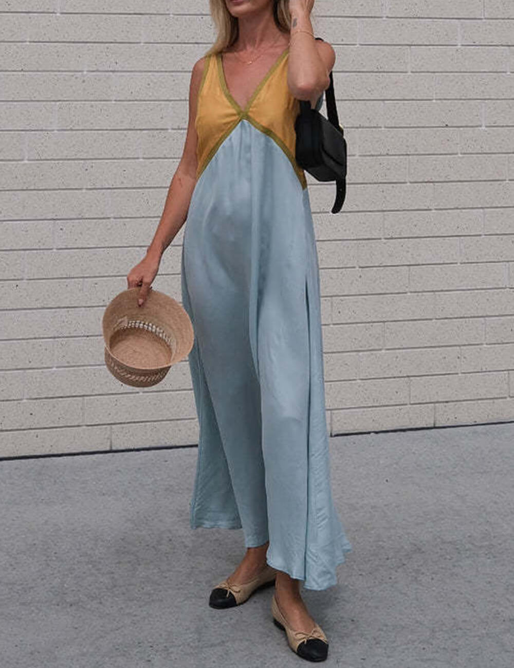 V-neck Contrasting Color Splicing Chic Dress Yellow Dresses