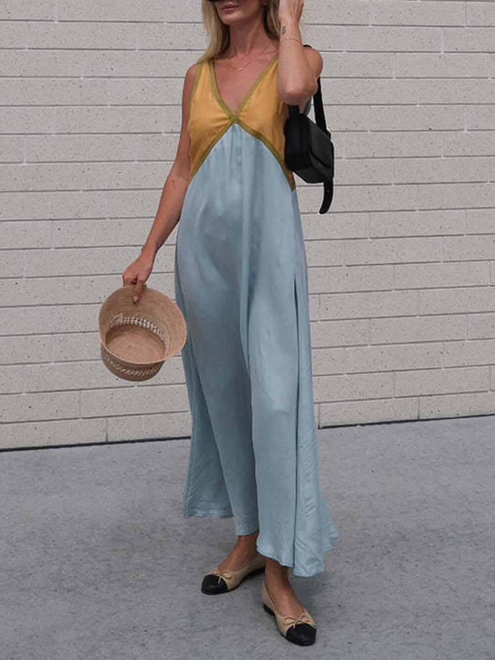 V-neck Contrasting Color Splicing Chic Dress Yellow Dresses