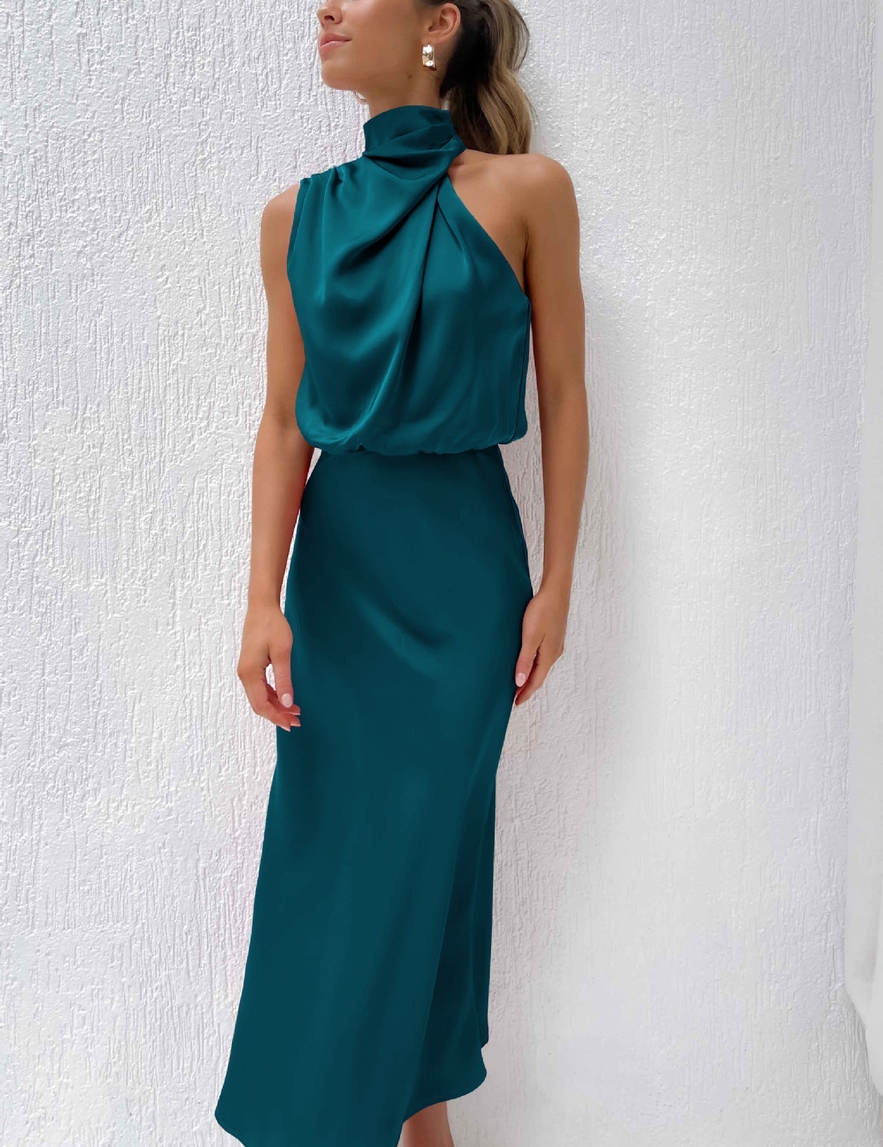 Carlina | Elegant Satin Long Dress with Halter Neckline Blue Petrolio Dresses