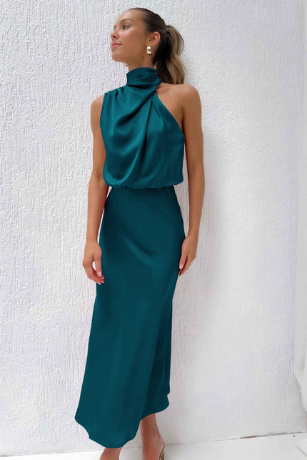 Carlina | Elegant Satin Long Dress with Halter Neckline Blue Petrolio Dresses