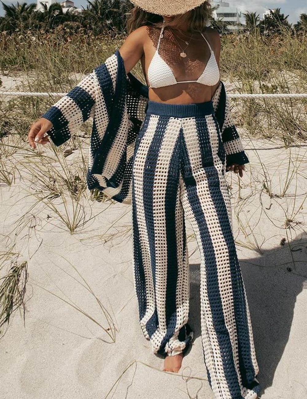 Loose V-Neck Fashion Hollow Out Striped Shirt Wide Leg Pants Set Blue Dresses