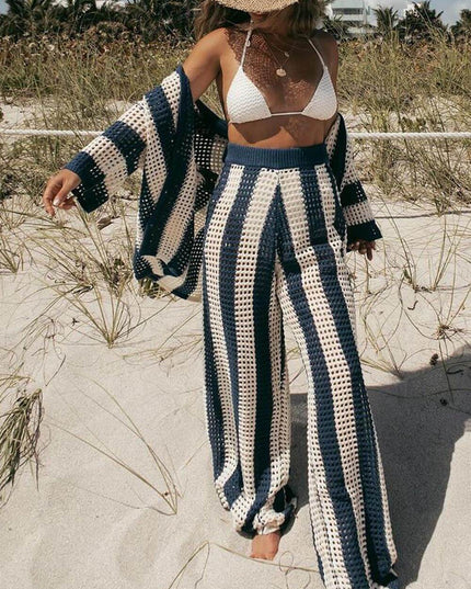 Loose V-Neck Fashion Hollow Out Striped Shirt Wide Leg Pants Set Blue Dresses