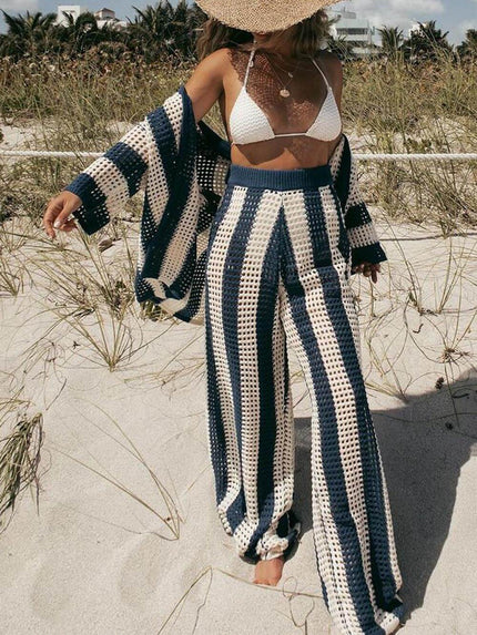 Loose V-Neck Fashion Hollow Out Striped Shirt Wide Leg Pants Set Blue Dresses