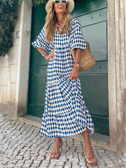 Boho Printed V‑Neck Maxi Dress Sky Blue Dresses