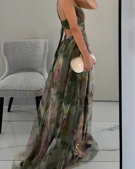 Elegant Printed Lace-Up Maxi Dress Dresses