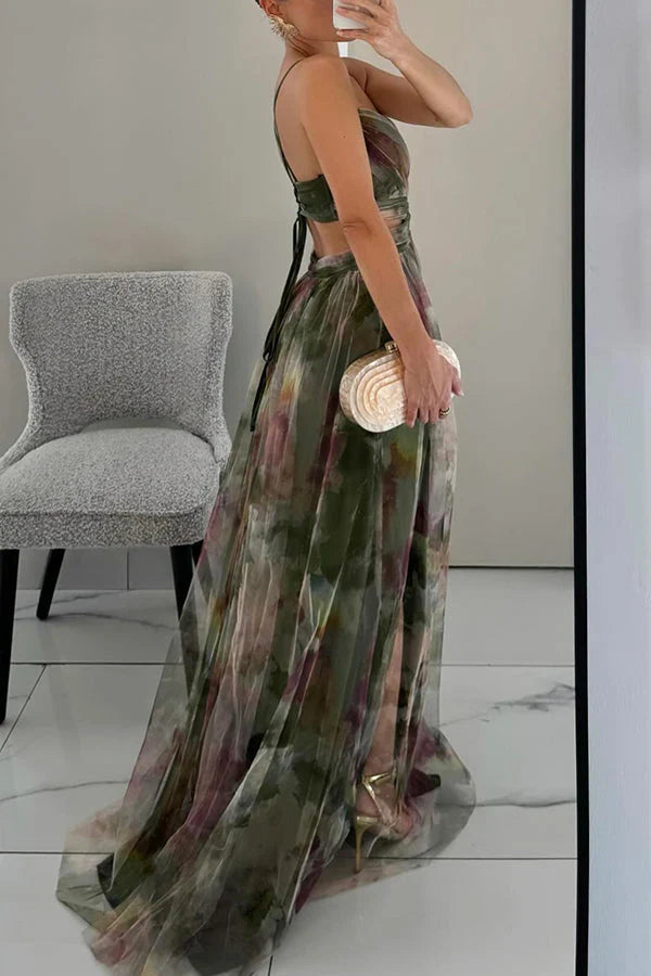Elegant Printed Lace-Up Maxi Dress Dresses