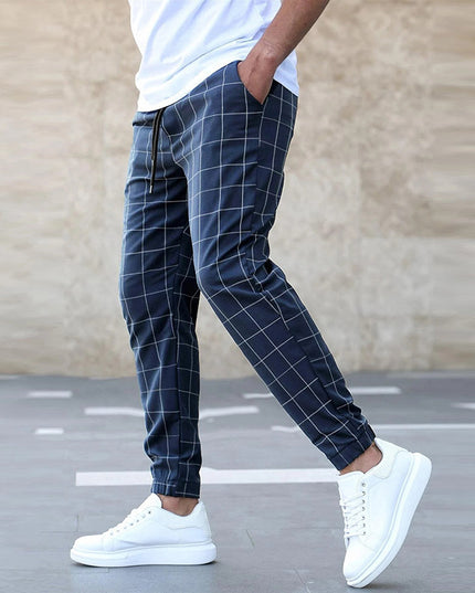 Men's Plaid Drawstring Casual Trousers Dark Blue Trousers