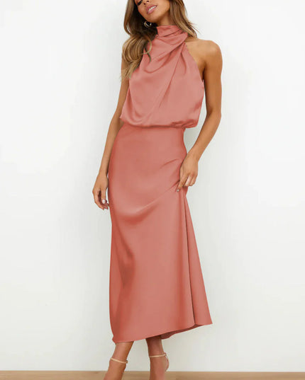Imelda™ | Long Satin Dress with Halter Neckline Rouge Dress