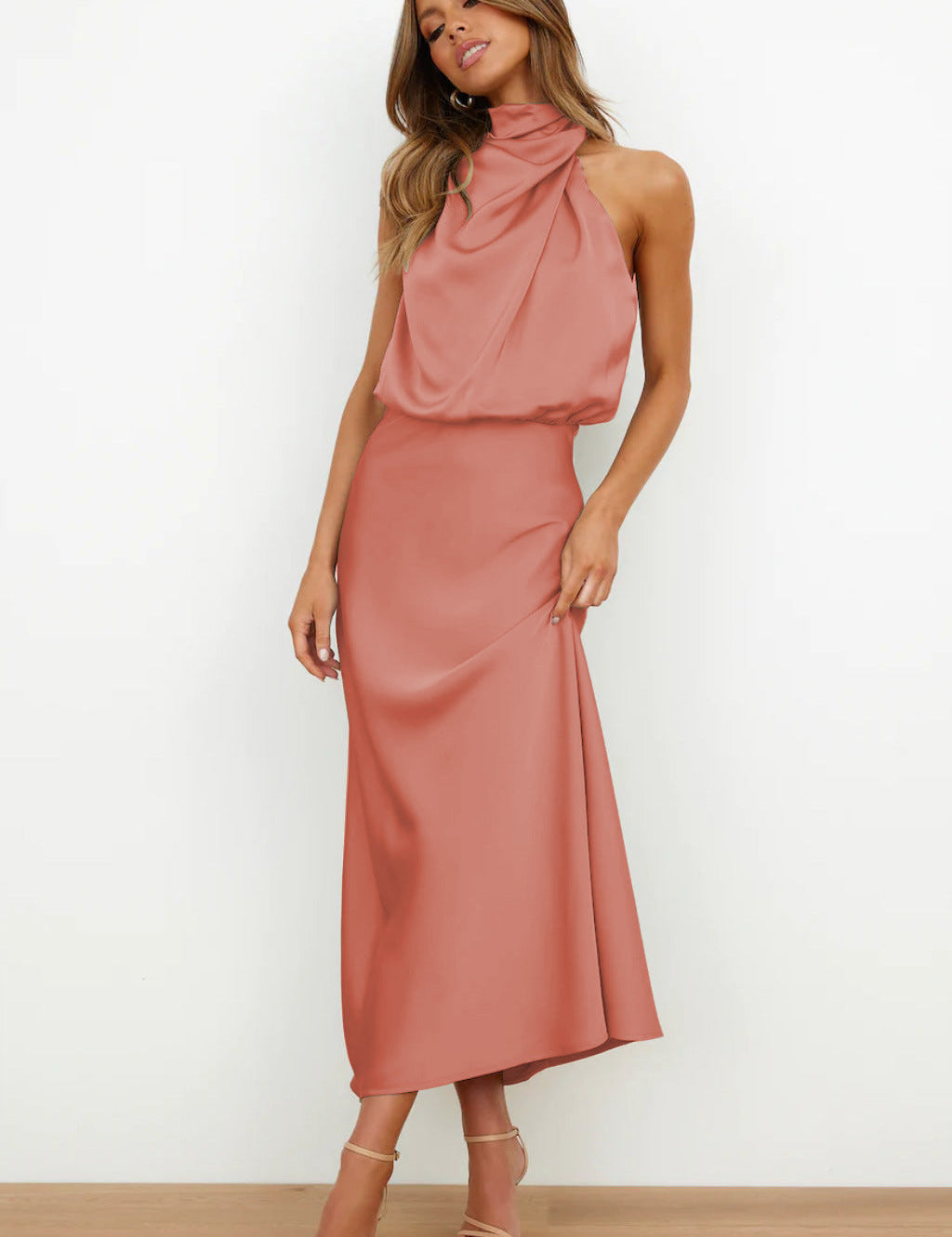 Carlina | Elegant Satin Long Dress with Halter Neckline Salmon (Almost sold out) Dresses