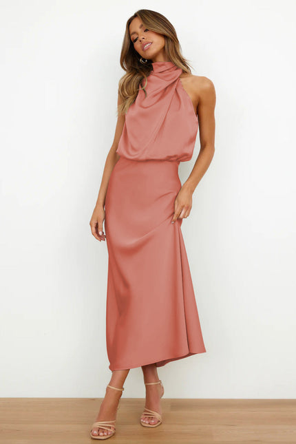 Carlina | Elegant Satin Long Dress with Halter Neckline Salmon (Almost sold out) Dresses