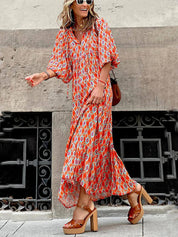 Boho Printed V‑Neck Maxi Dress Orange Dresses
