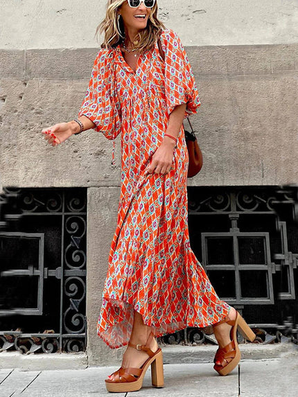 Boho Printed V‑Neck Maxi Dress Orange Dresses