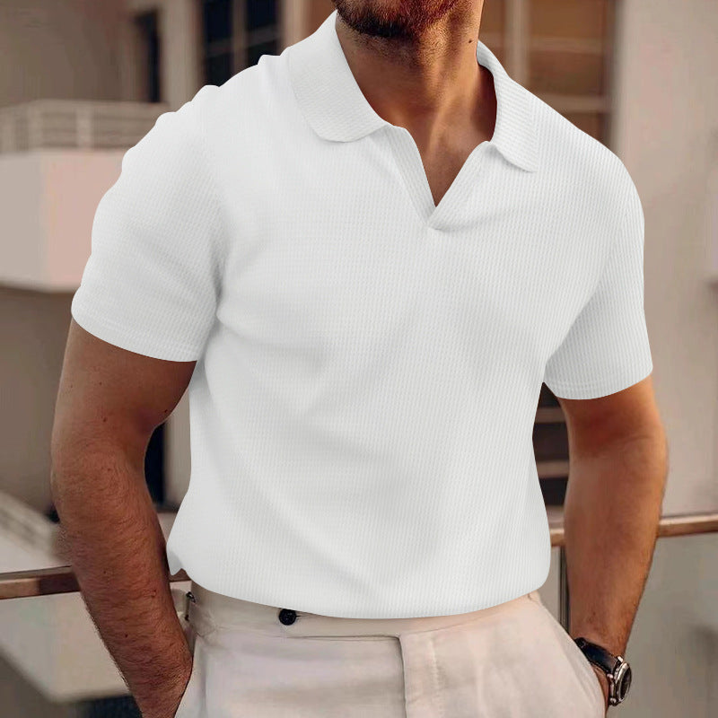 Men's INS Waffle Lapel Short-Sleeved Polo Shirt White Polo Shirts