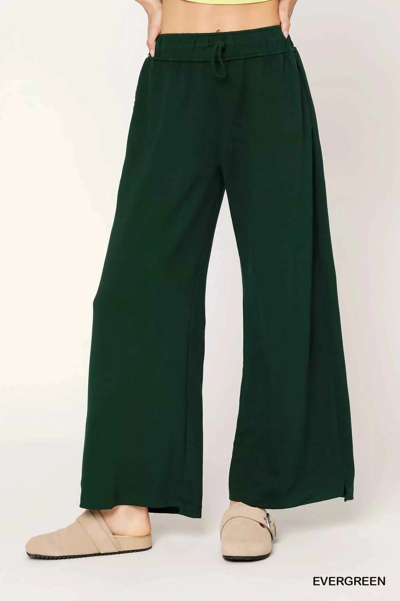 Umgee Elastic Drawstring Waistband Wide Leg Pants