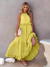 Ruffled Sleeveless Tiered Maxi Dress with Pockets