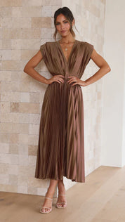 Summer V-Neck Pleated Sleeveless Dress Brown Dress