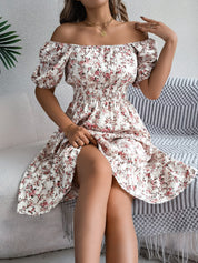 Floral Print Square Neck Dress White Dresses