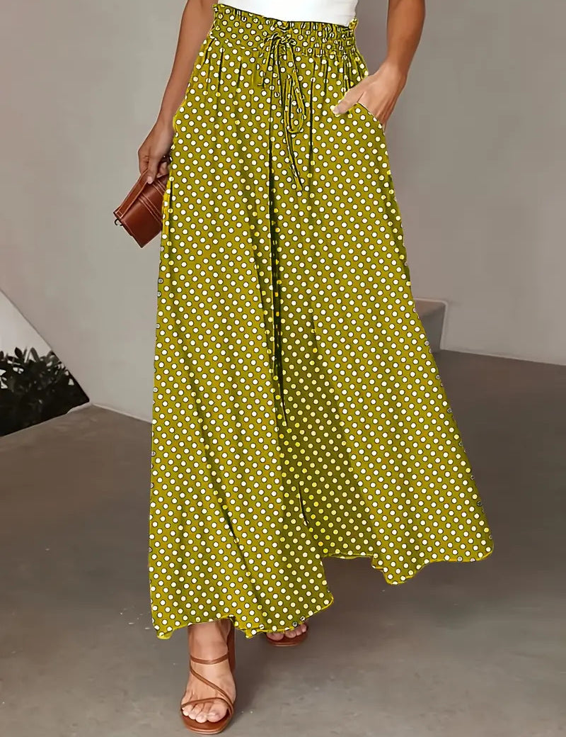 Polka Dot Elastic-Waist Wide-Leg Trousers Lemon Yellow Trousers
