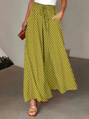 Polka Dot Elastic-Waist Wide-Leg Trousers Lemon Yellow Trousers