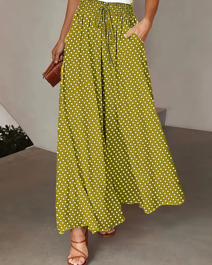 Polka Dot Elastic-Waist Wide-Leg Trousers Lemon Yellow Trousers