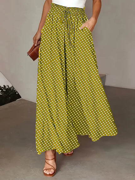 Polka Dot Elastic-Waist Wide-Leg Trousers Lemon Yellow Trousers