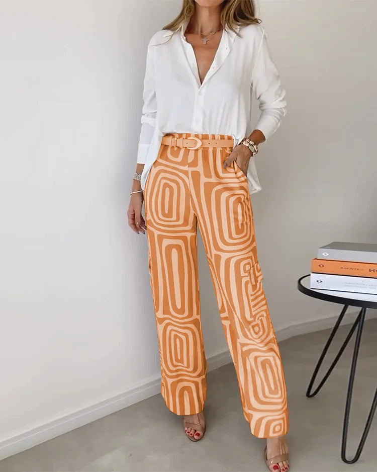 Emilia | Stylish Pants + Free Blouse & Belt Orange Two Piece Outfits