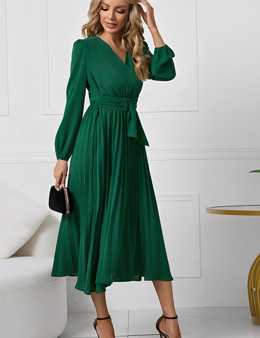 V-Neck Long Sleeve Tie Waist Midi Dress
