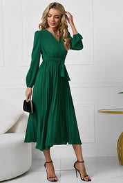 V-Neck Long Sleeve Tie Waist Midi Dress