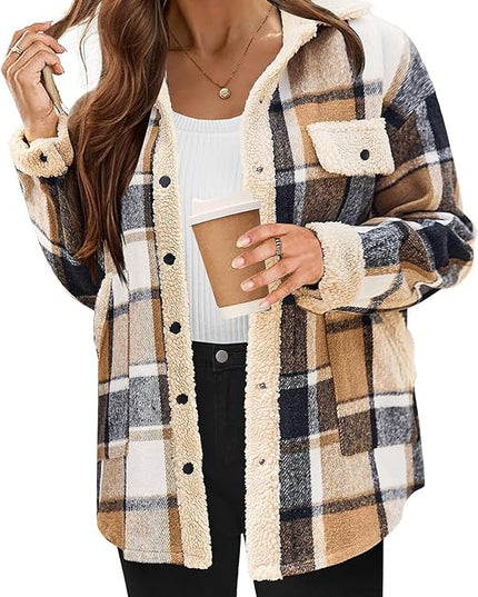 Women's Cozy Plaid Fleece Jacket Brown Fleece Jacket