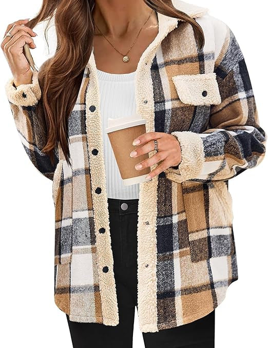 Women's Cozy Plaid Fleece Jacket Brown Fleece Jacket