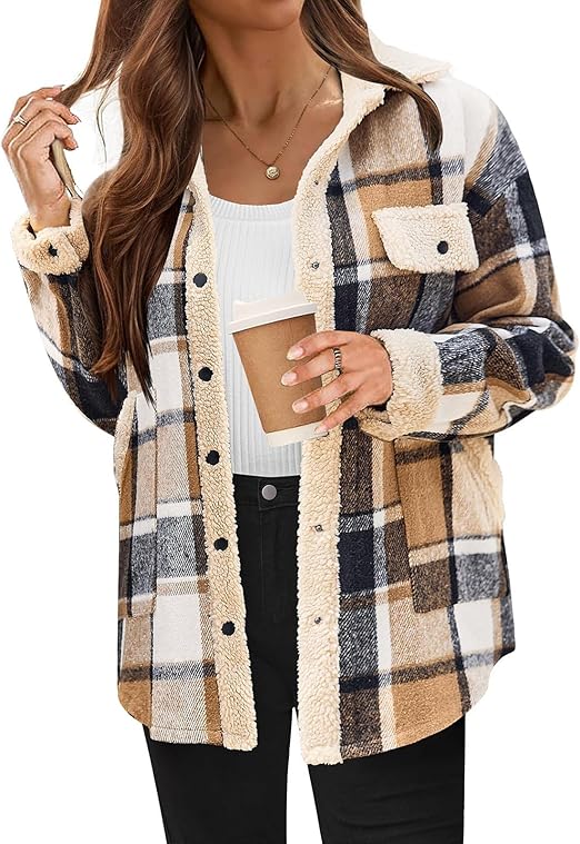 Women's Cozy Plaid Fleece Jacket Brown Fleece Jacket