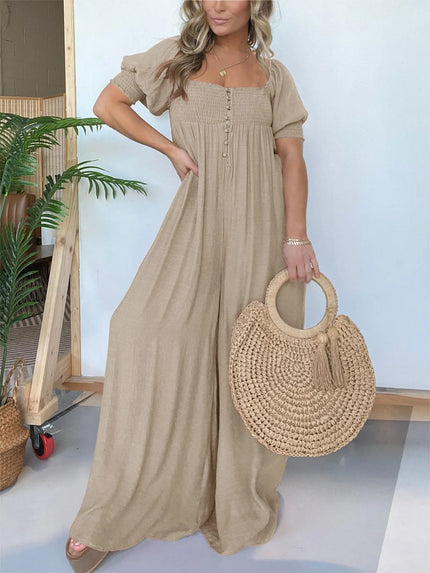 Wyn™ | Feminine Flair Smocked Jumpsuit Apricot Jumpsuit