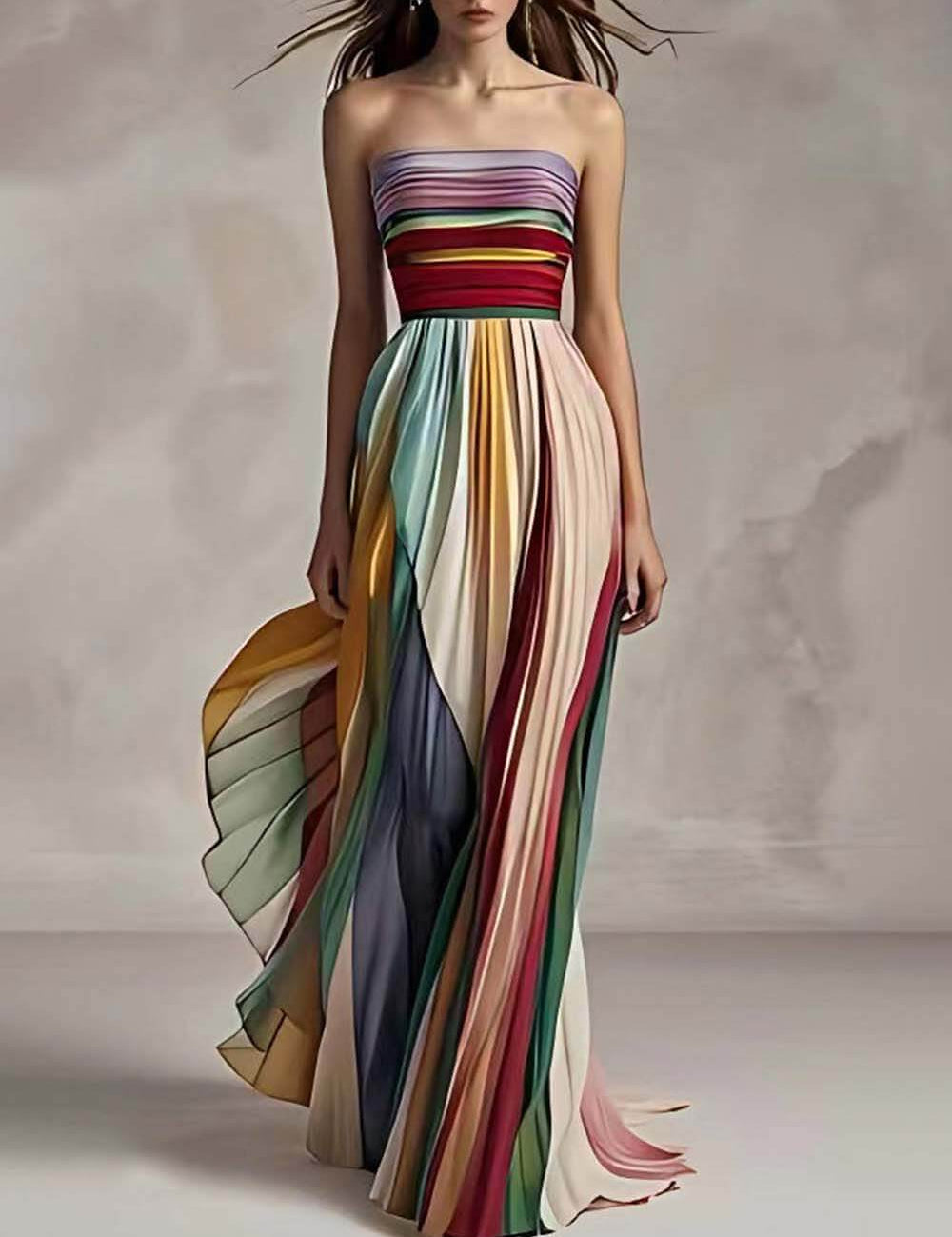 Elegant Striped Printed Off-shoulder Pleated Bandeau Maxi Dress Multi Dresses