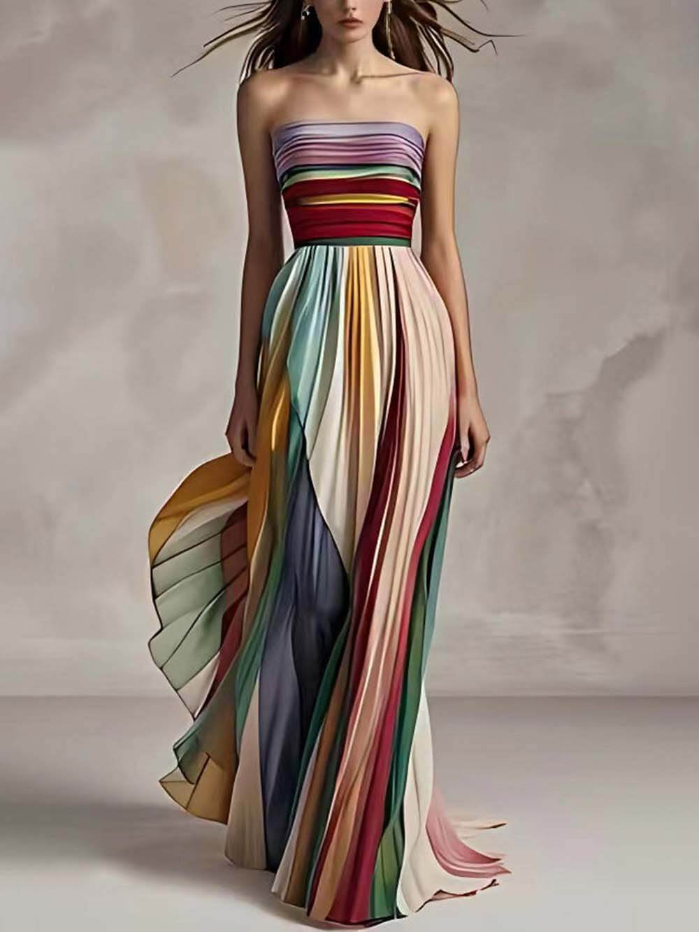 Elegant Striped Printed Off-shoulder Pleated Bandeau Maxi Dress Multi Dresses