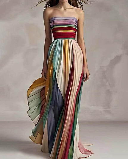 Elegant Striped Printed Off-shoulder Pleated Bandeau Maxi Dress Multi Dresses