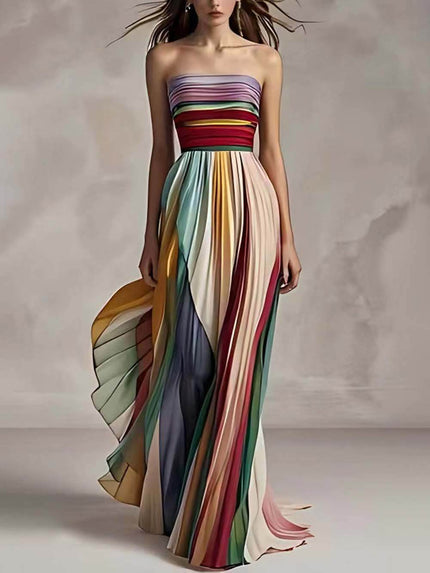 Elegant Striped Printed Off-shoulder Pleated Bandeau Maxi Dress Multi Dresses