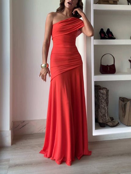 Elegance Effortless Mesh Off Shoulder Ruched Stretch Maxi Dress Orange Dresses