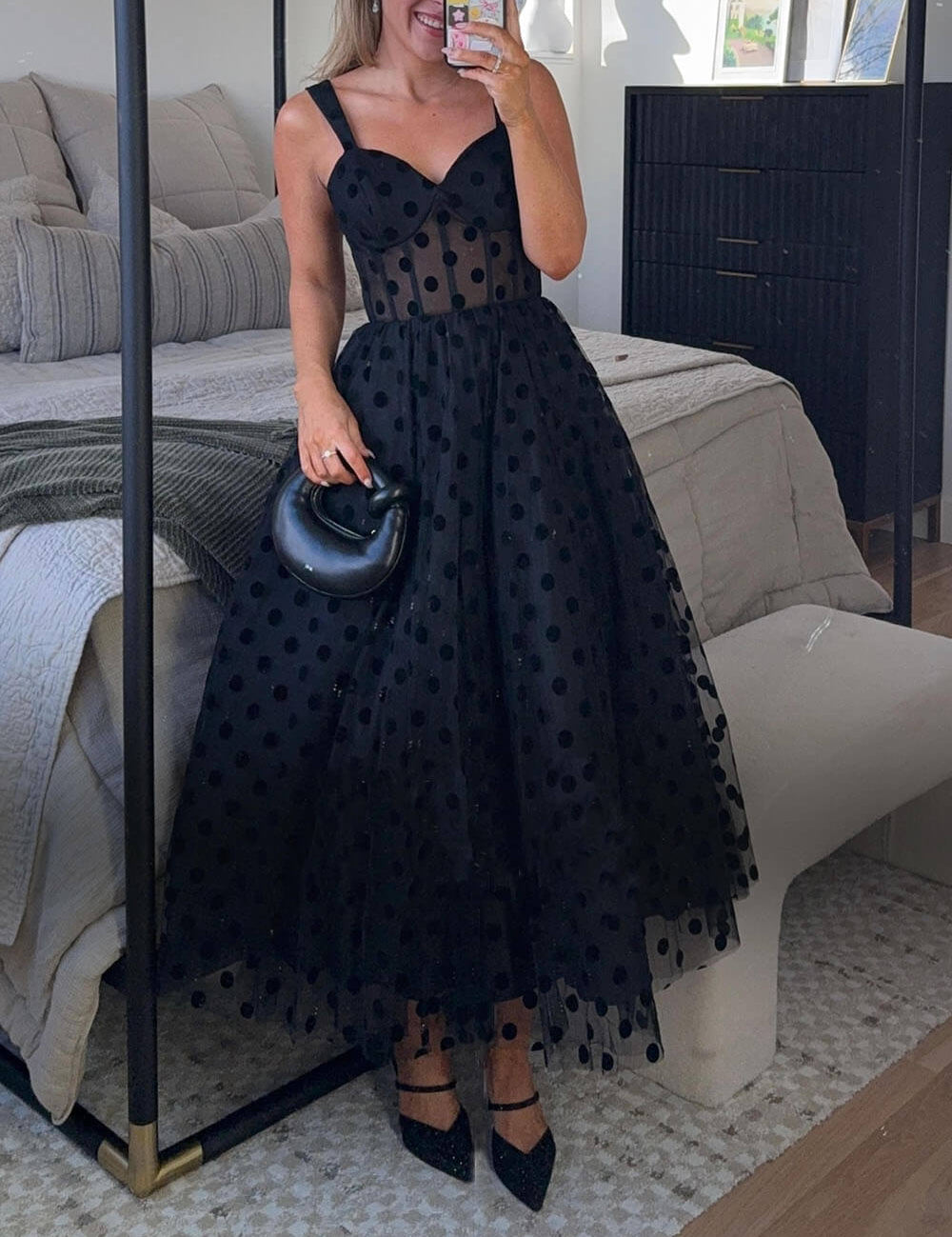 Polka Dot Tulle Sweetheart Bustier A-Line Midi Dress Black Dresses