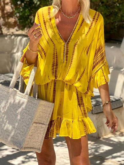 Unique Tie Dye Ruffle Batwing Sleeve Elastic Waist Kaftan Mini Dress Yellow Dresses