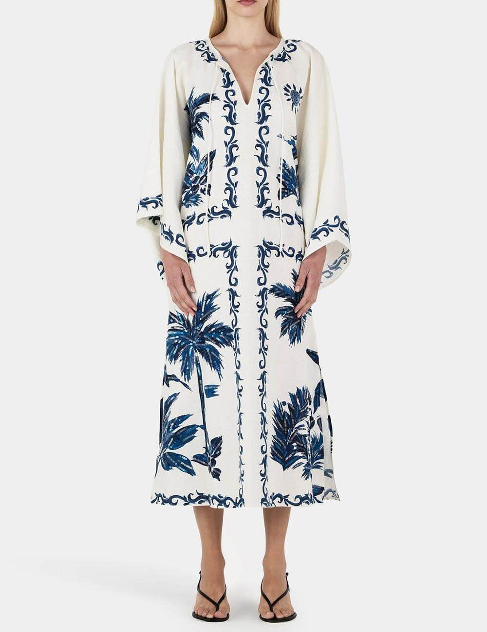 Vintage Hawaiian Print Sequined Oversized Loose Midi Dress Blue Dresses
