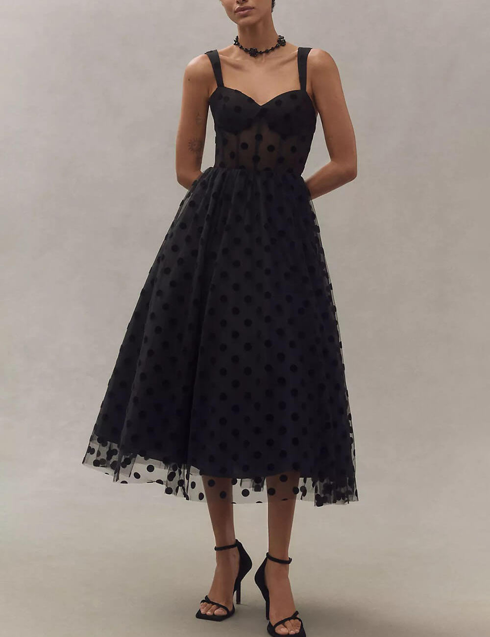 Polka Dot Tulle Sweetheart Bustier A-Line Midi Dress Dresses
