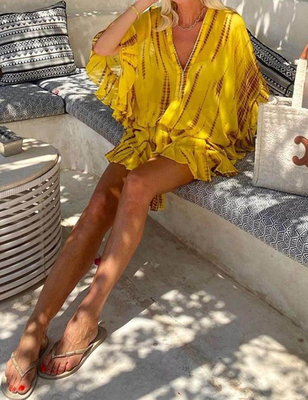 Unique Tie Dye Ruffle Batwing Sleeve Elastic Waist Kaftan Mini Dress Dresses