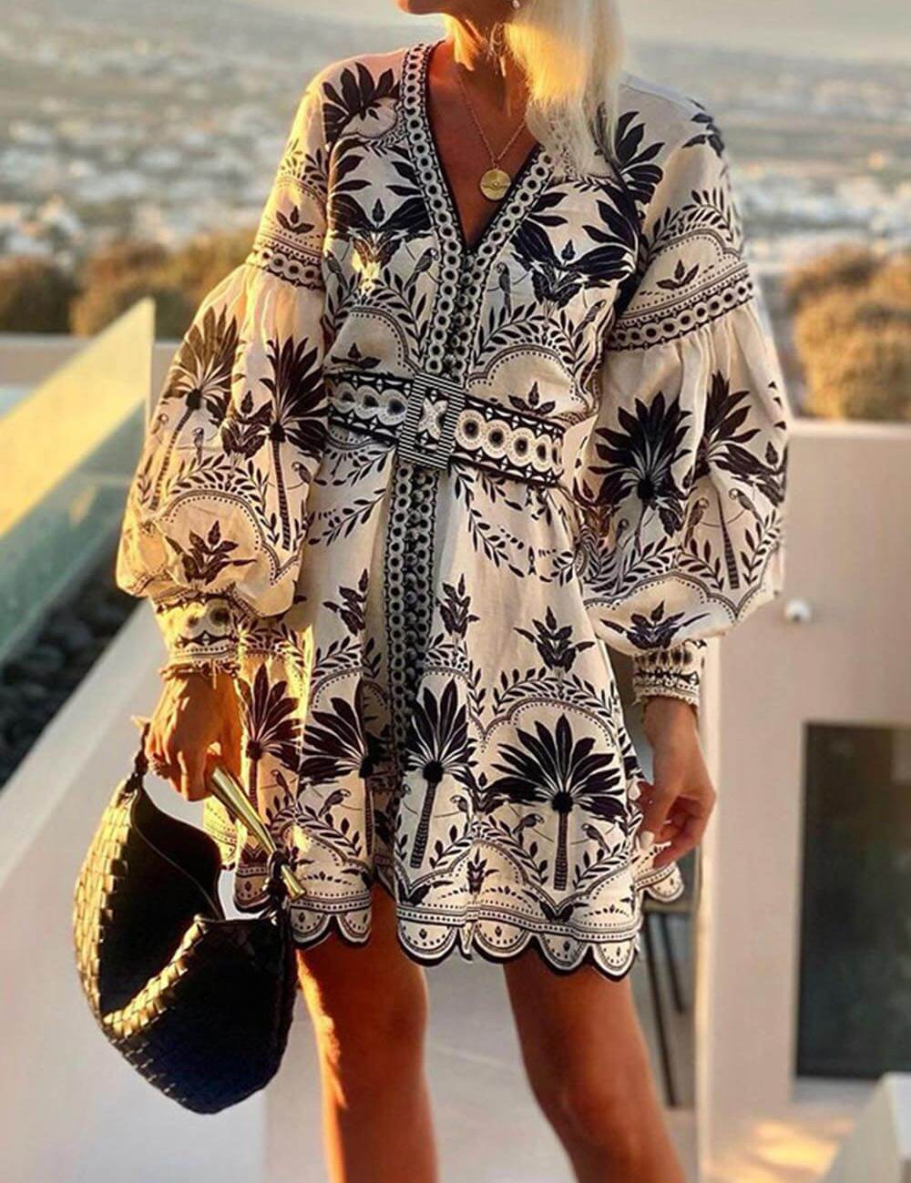 Fashion Printed Beach Loose Mini Dress Black Dresses