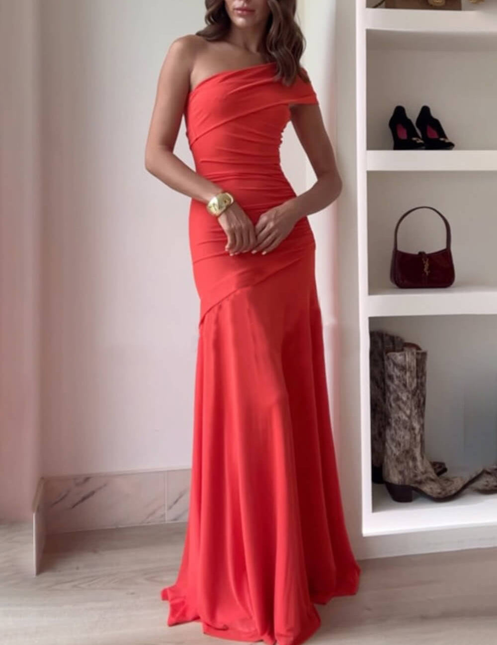 Elegance Effortless Mesh Off Shoulder Ruched Stretch Maxi Dress Dresses