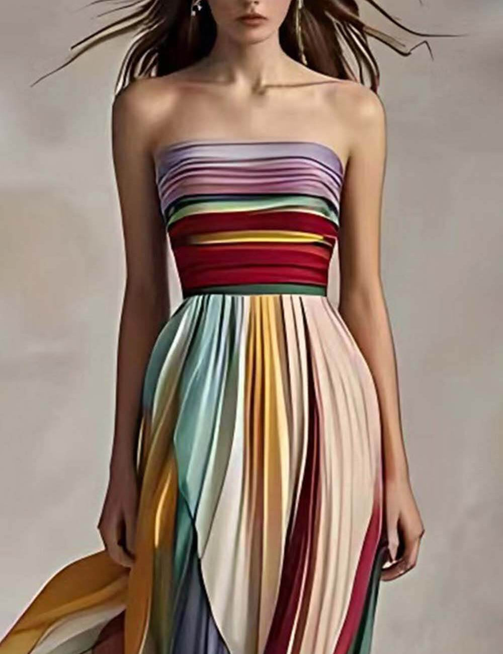 Elegant Striped Printed Off-shoulder Pleated Bandeau Maxi Dress Dresses