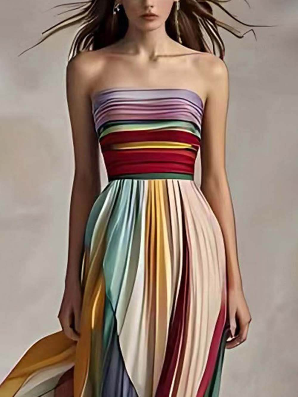 Elegant Striped Printed Off-shoulder Pleated Bandeau Maxi Dress Dresses