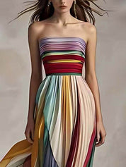 Elegant Striped Printed Off-shoulder Pleated Bandeau Maxi Dress Dresses